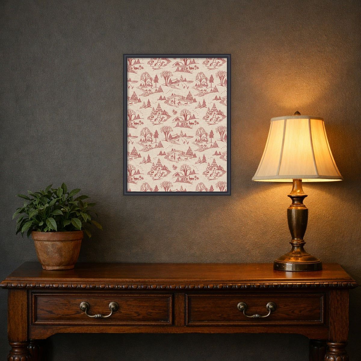 Kate and Laurel Framed Fabric Pinboard Wonderland Red Toile