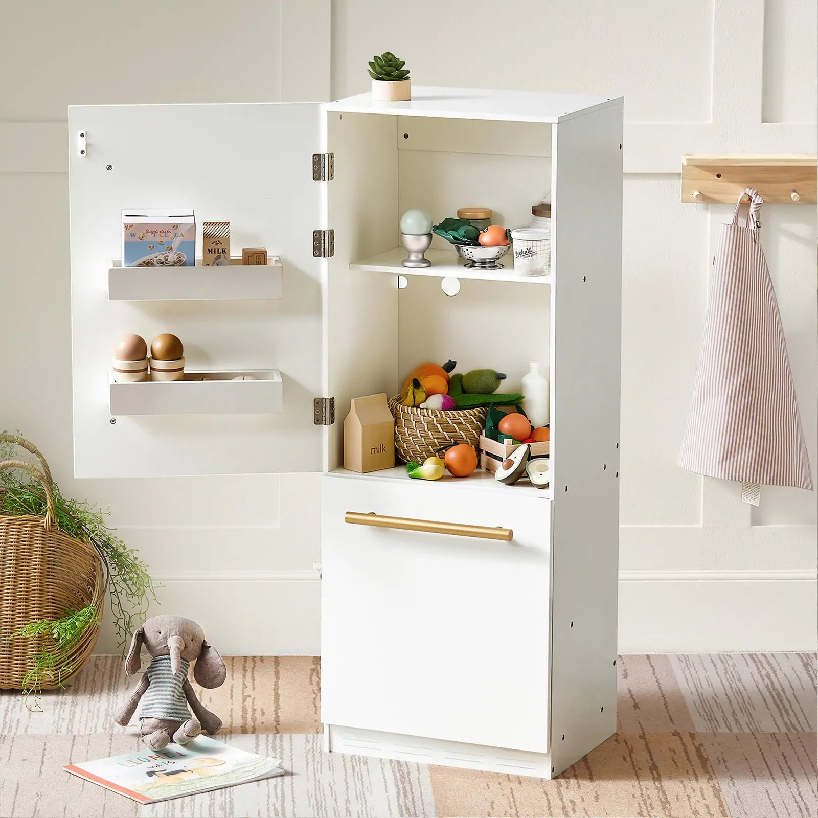 Tiny Land® Play Kitchen Accessories – Play Kitchen Fridge: Wooden Cabinet Refrigerator for Kids