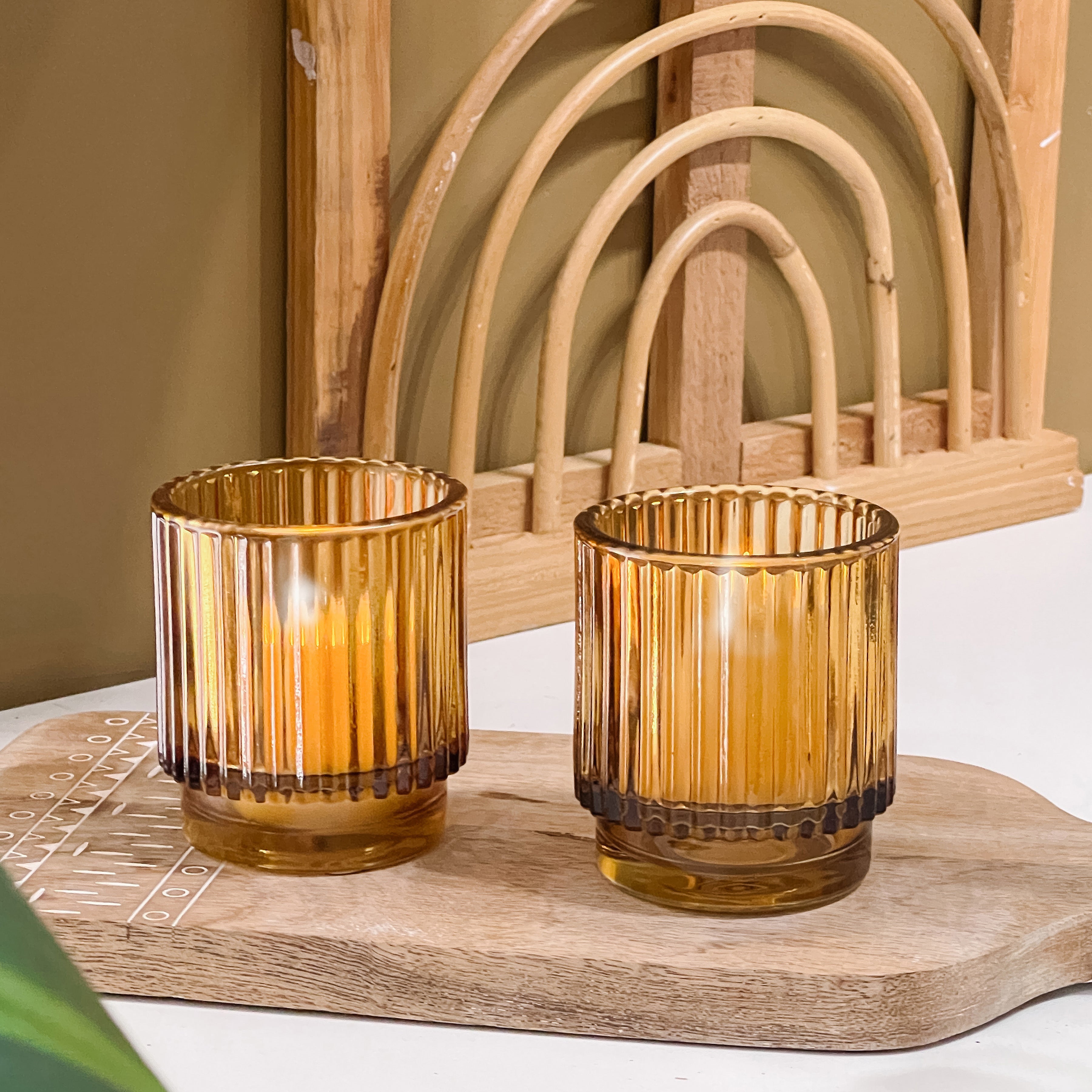 Ribbed Amber Glass Votive Candle Holder (Set of 6)