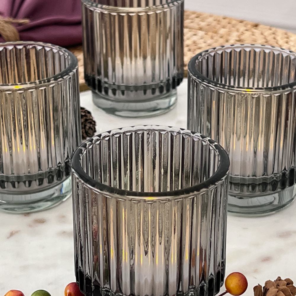 Ribbed Smoke Gray Glass Votive Candle Holder (Set of 6)