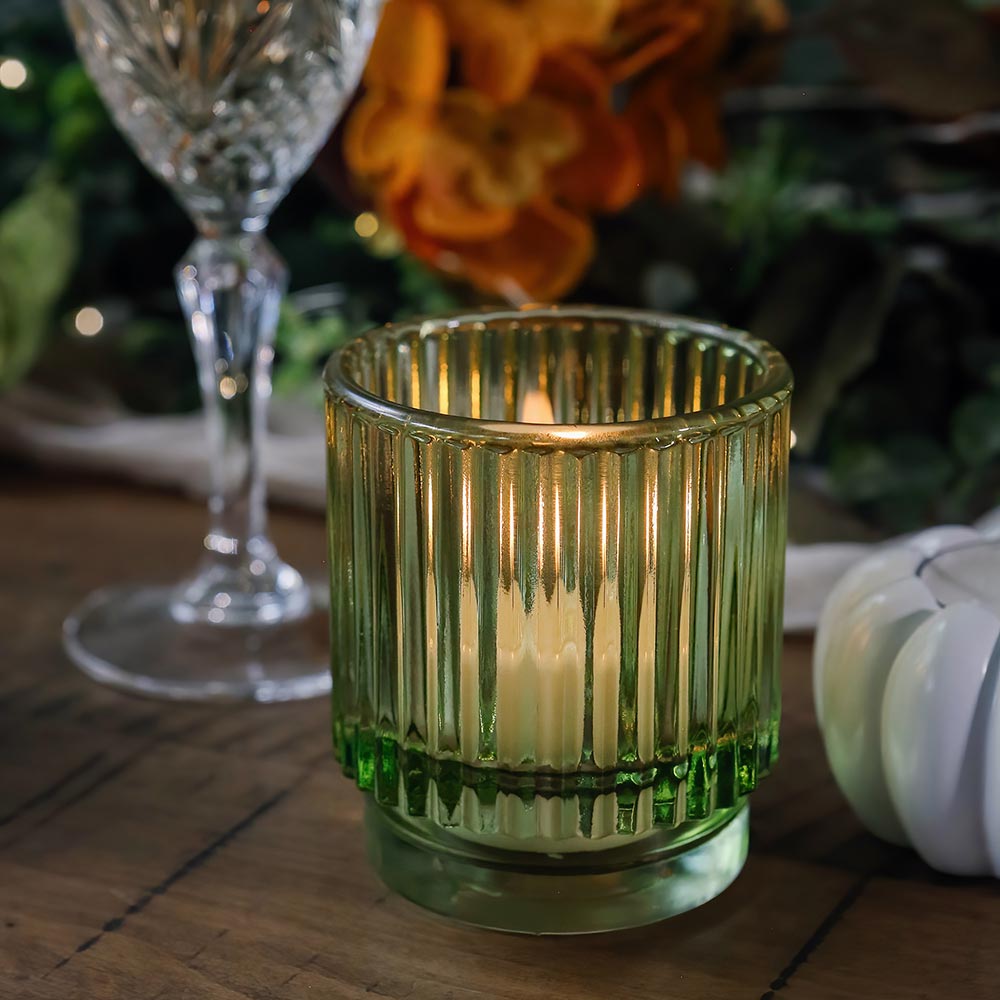 Ribbed Green Glass Votive Candle Holder (Set of 6)