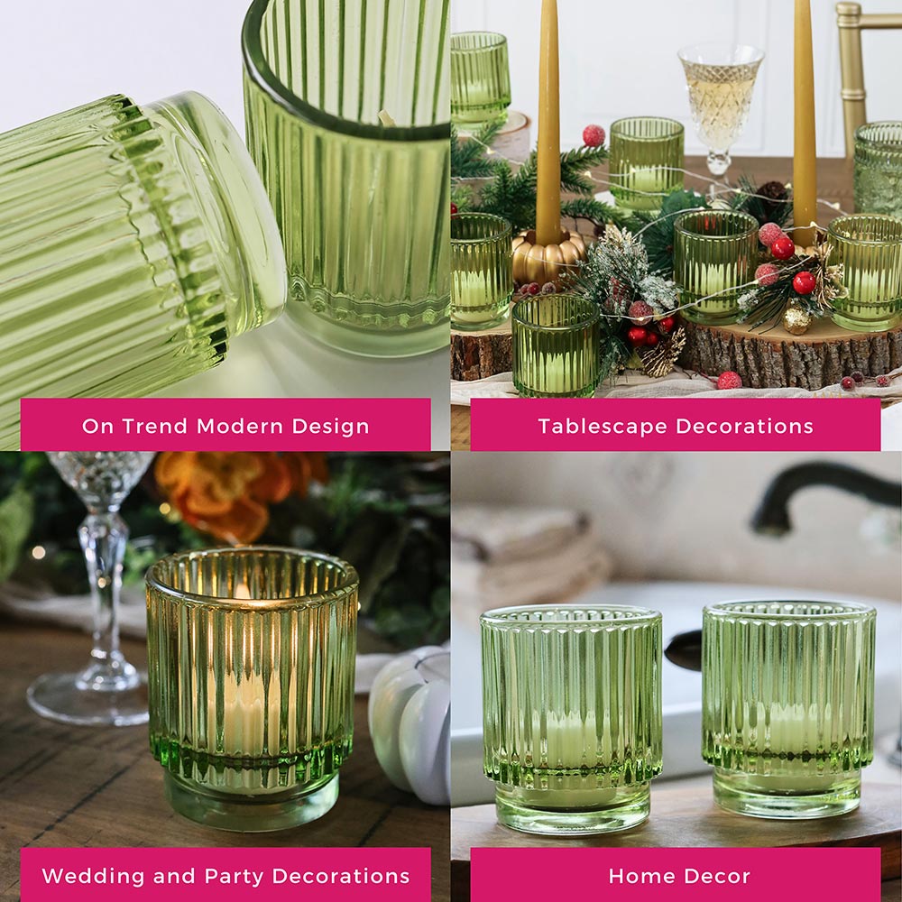 Ribbed Green Glass Votive Candle Holder (Set of 6)
