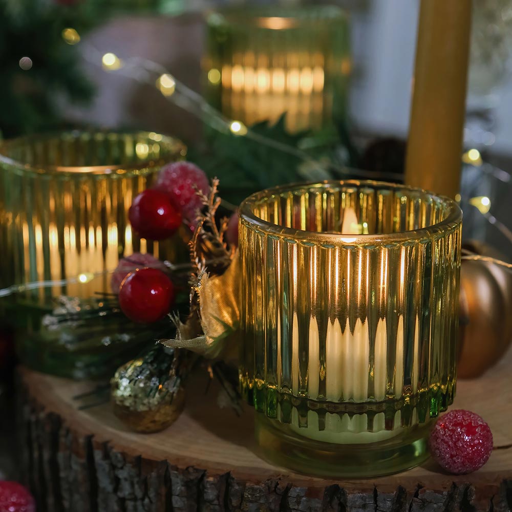 Ribbed Green Glass Votive Candle Holder (Set of 6)