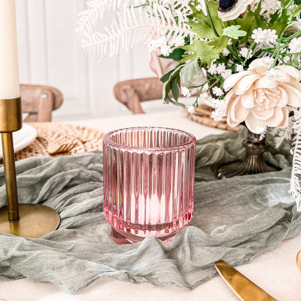 Ribbed Pink Glass Votive Candle Holder (Set of 6)