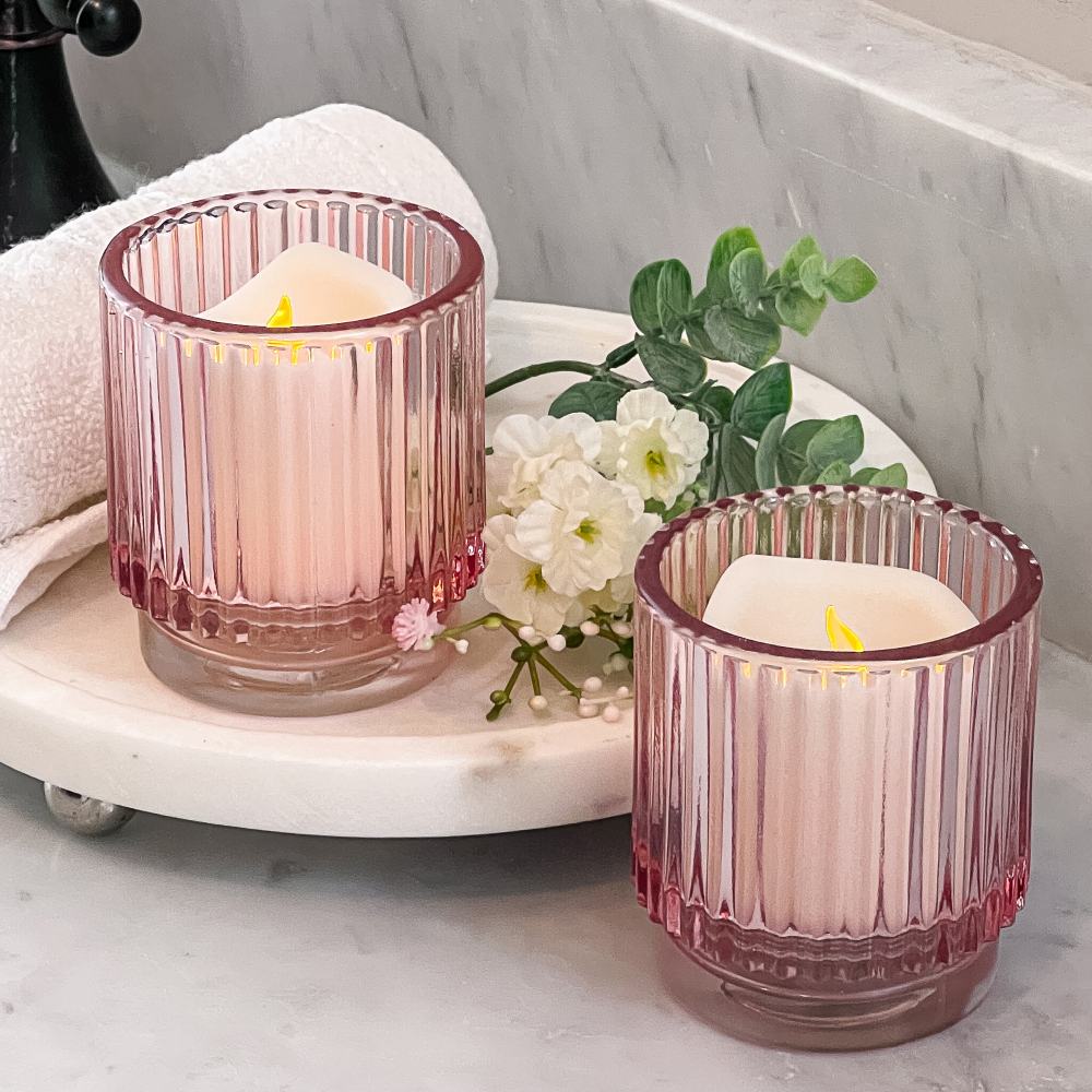 Ribbed Pink Glass Votive Candle Holder (Set of 6)