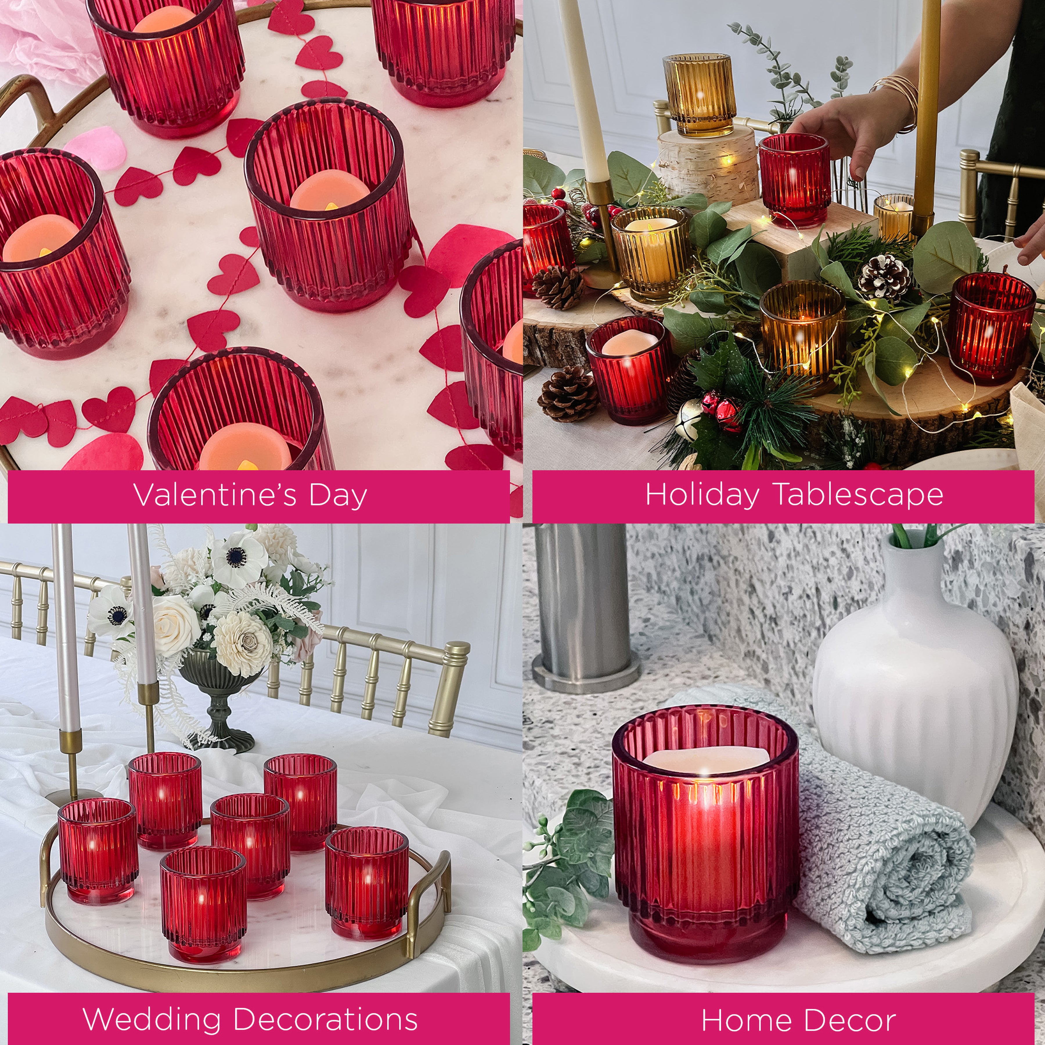 Ribbed Red Glass Votive Candle Holder (Set of 6)