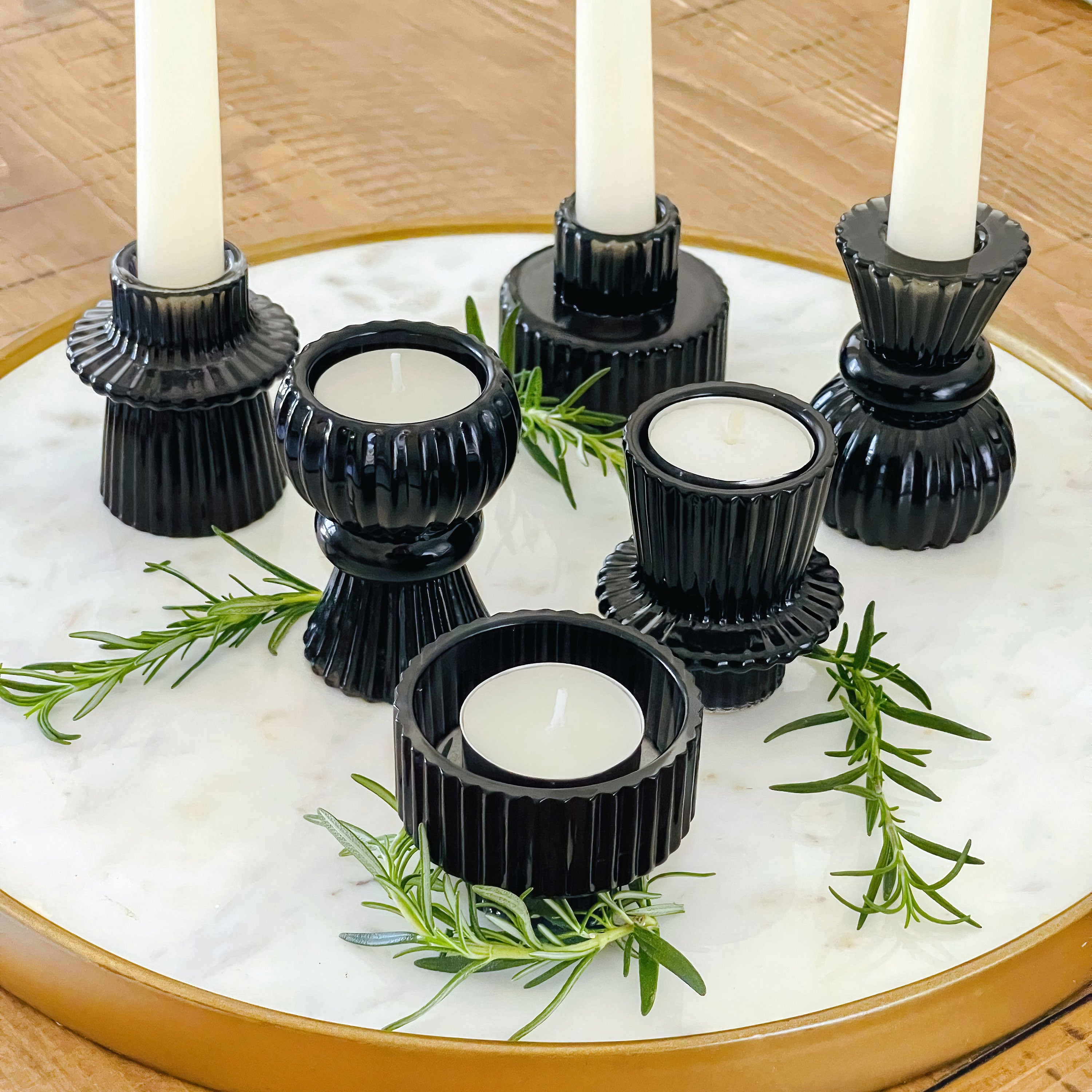 Black Ribbed Candlestick/Tealight Holders- Set of 6