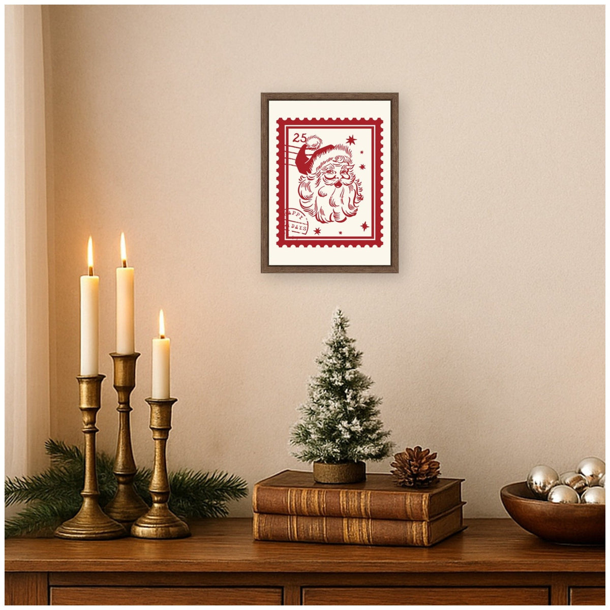 Retro Santa Christmas Stamp by Lucky Guava Framed Canvas Wall Art Print