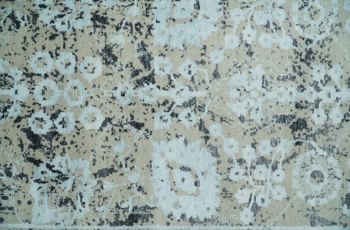 4x6 Fine Hand Knotted Aqua, Beige and Black Traditional Vintage Persian Style Antique Wool and Bamboo Silk Rug | AGR10