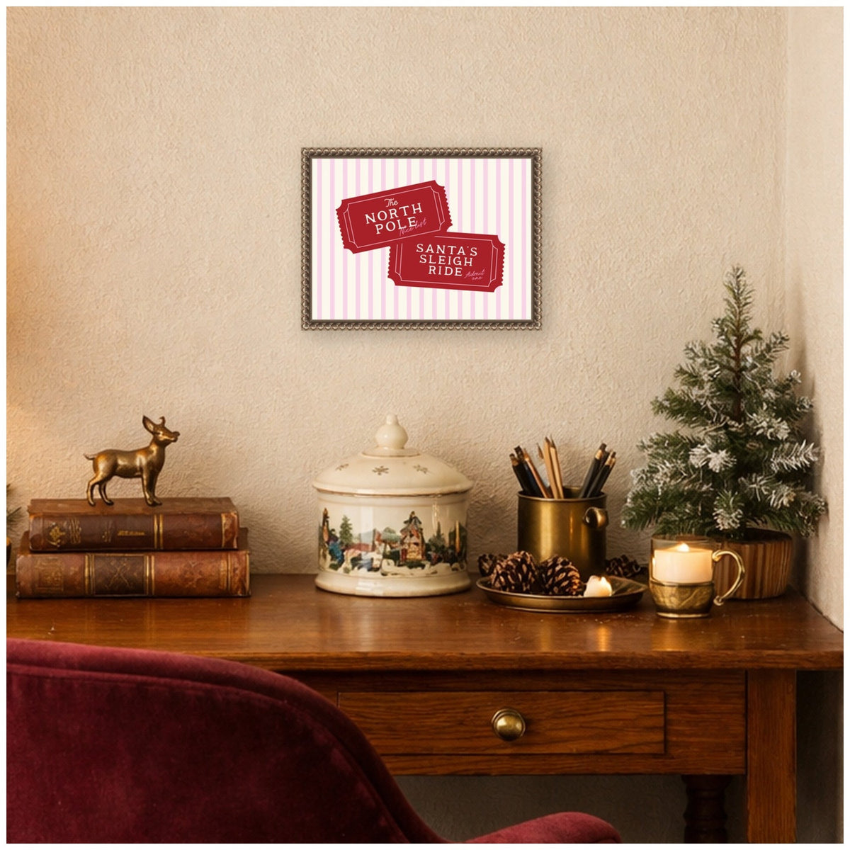 Pink North Pole Sleigh Ticket by Lucky Guava Framed Canvas Wall Art Print