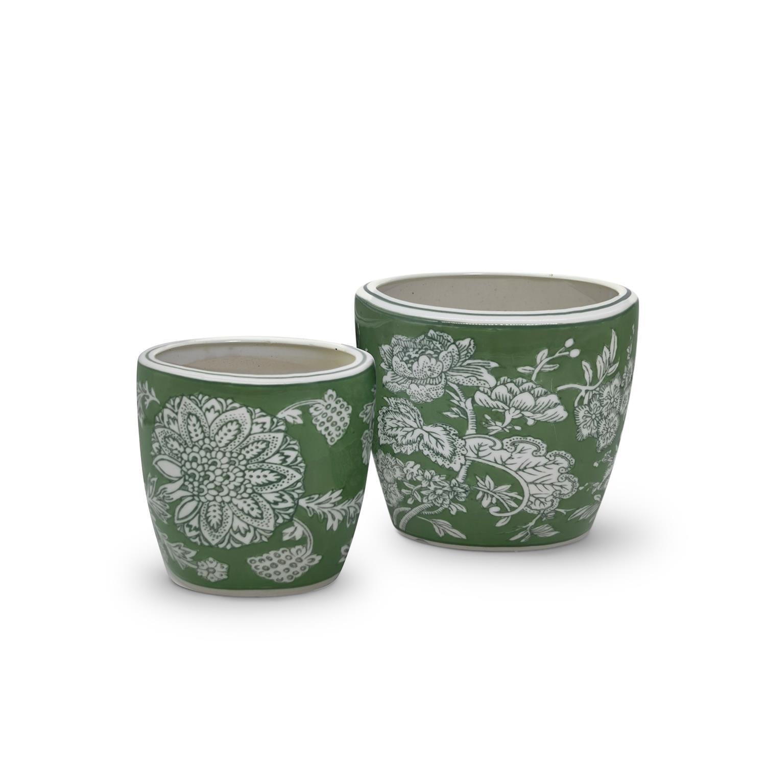 Countryside Set of 2 Hand-Painted Cachepot / Planter / Vase- Porcelain