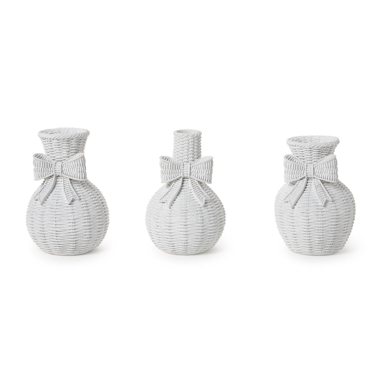 Bowed Beauties Set of 3 Basket Weave Pattern White Vases