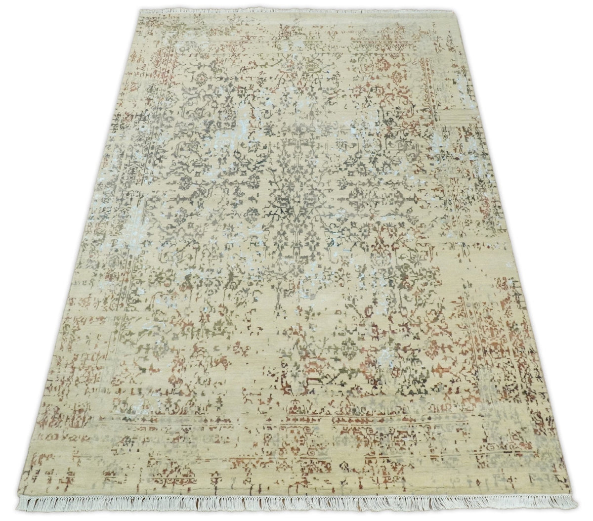 6x9 Fine Hand Knotted Beige and Rust Vintage Persian Style Antique Wool and Silk Rug