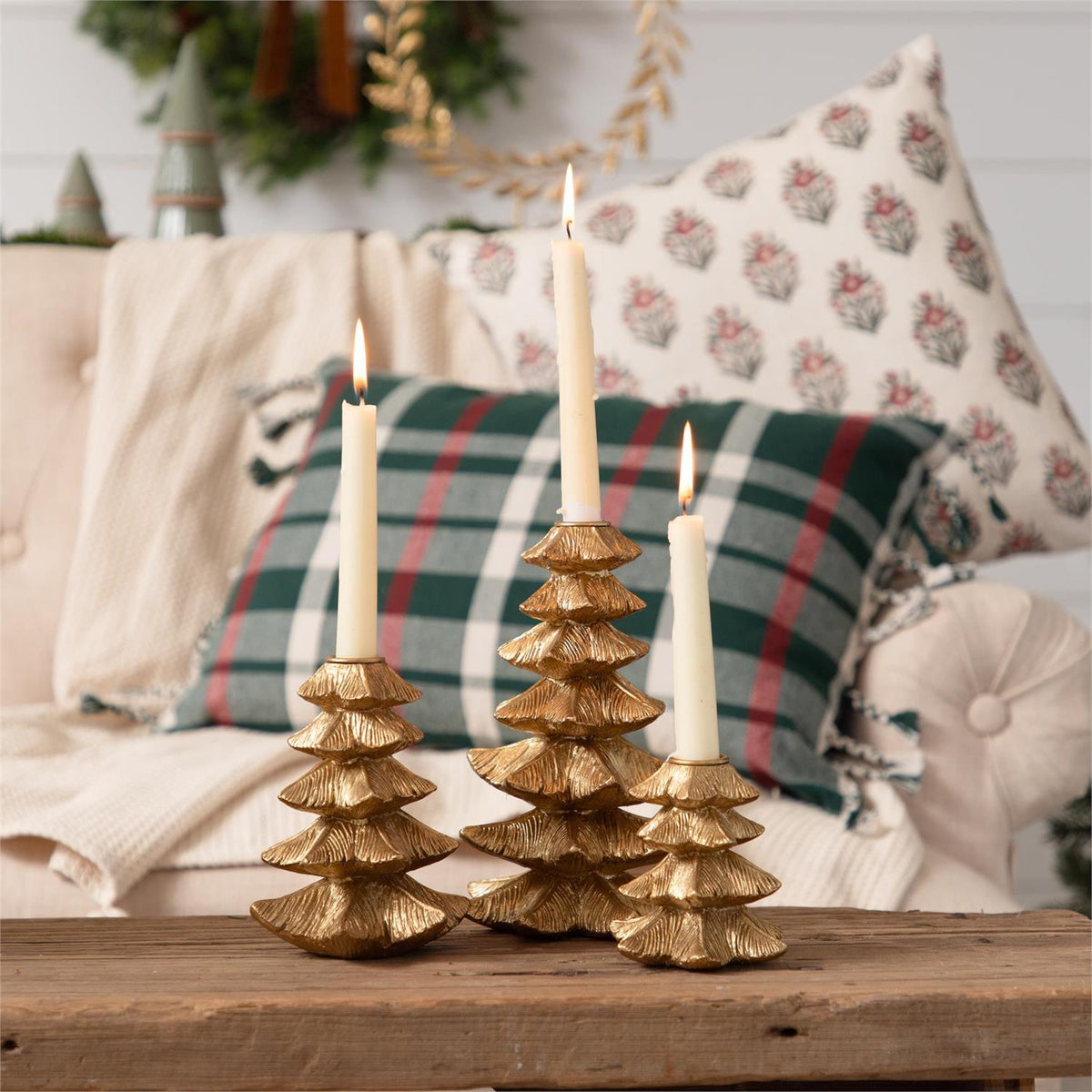 Gold Finish Christmas Tree Candle Holder - Set of 3