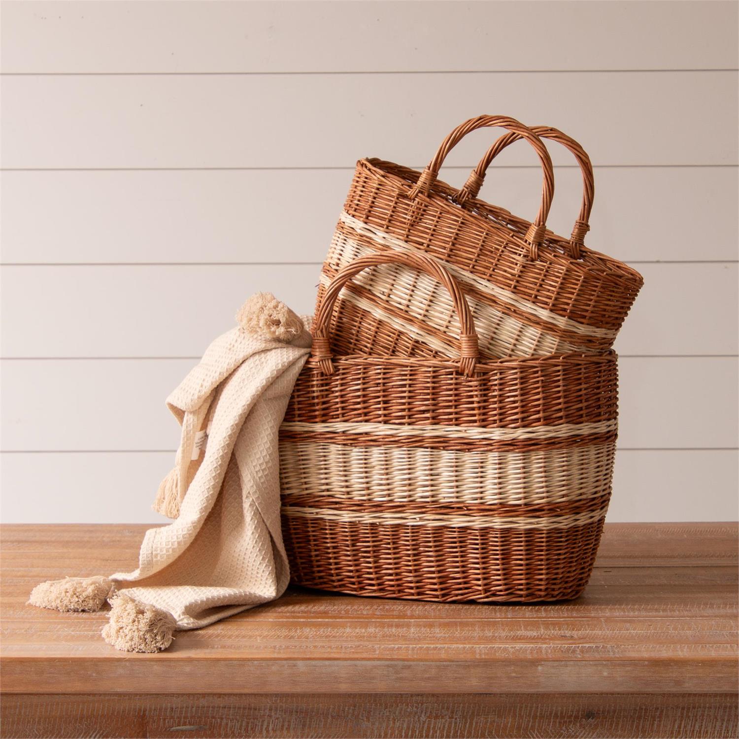TAN AND CREAM STRIPED WICKER BASKETS