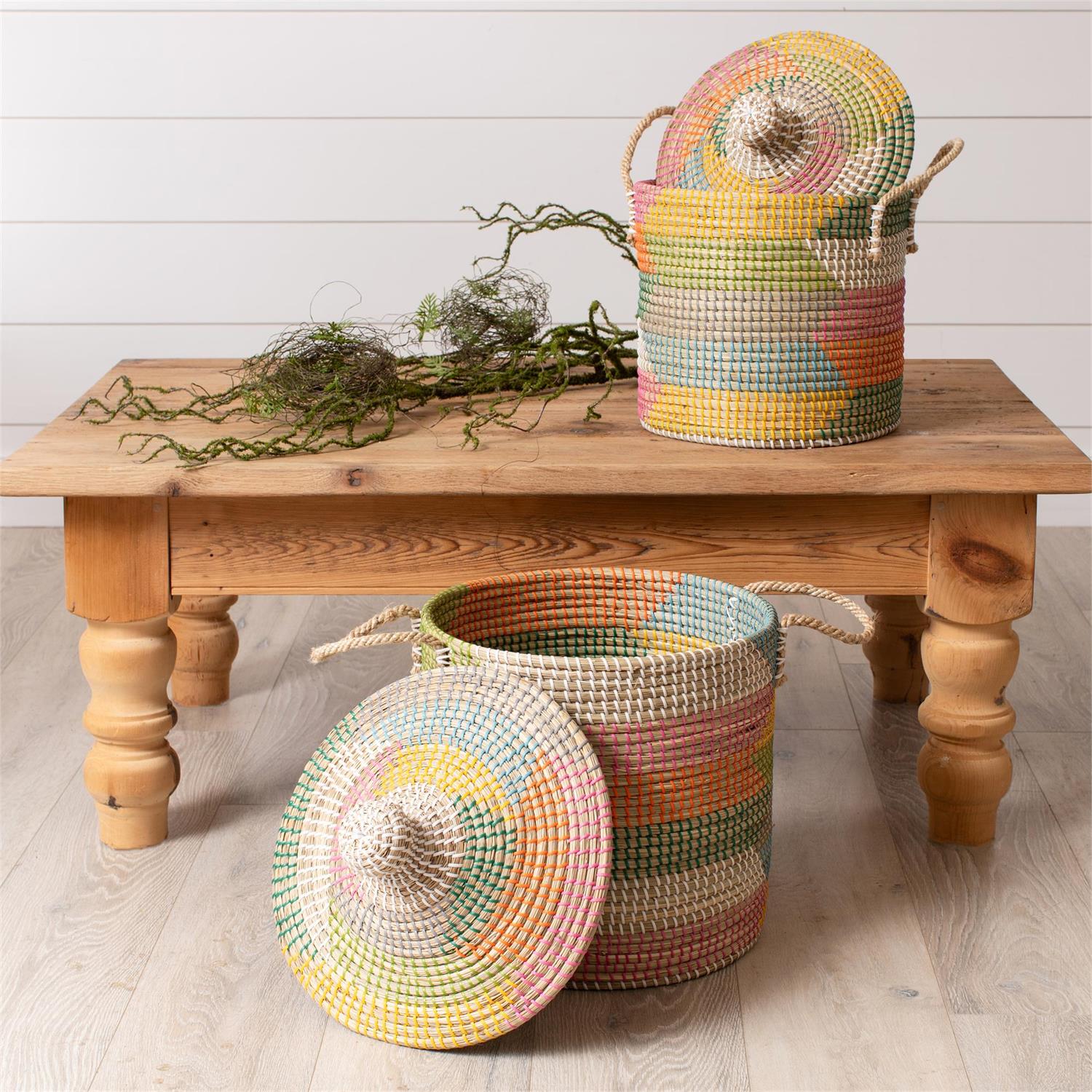 Basket - Colorful Coiled Seagrass With Lid
