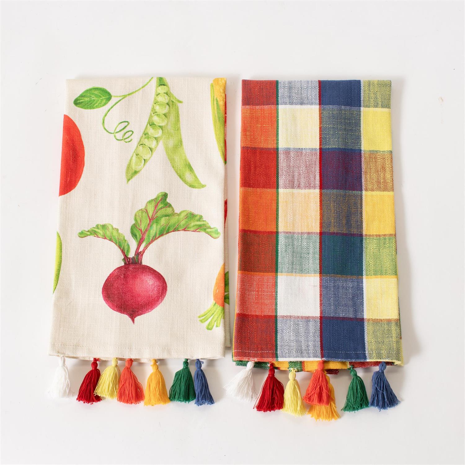 Tea Towels - Veggies, Pop Plaid With Tassels (Set Of 2)