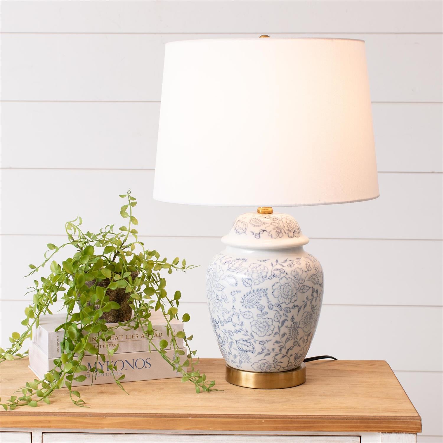 Lamp - Blue Floral Ginger Jar, With Shade