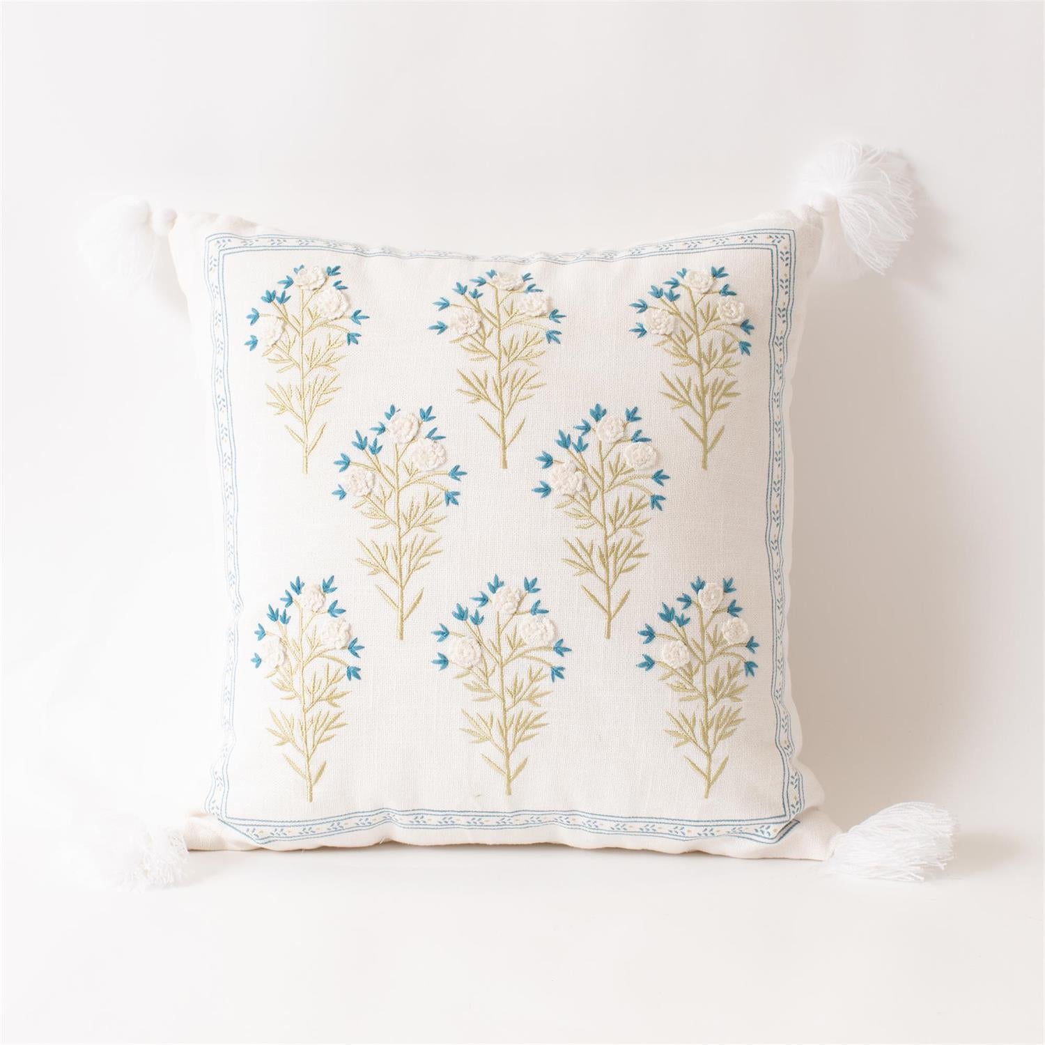 Pillow - Embroidered Blue Floral With Tassels
