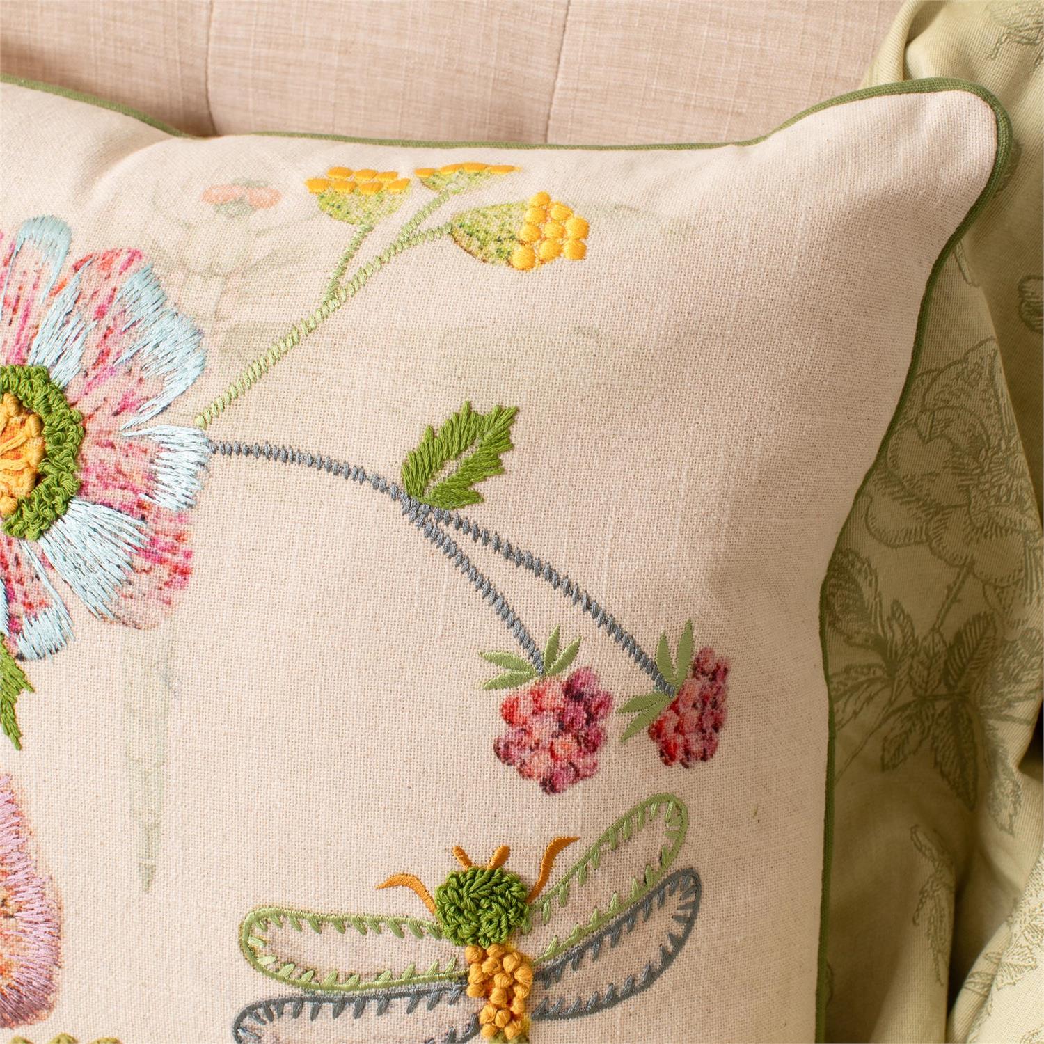Pillow - Floral And Dragonfly Embroidered