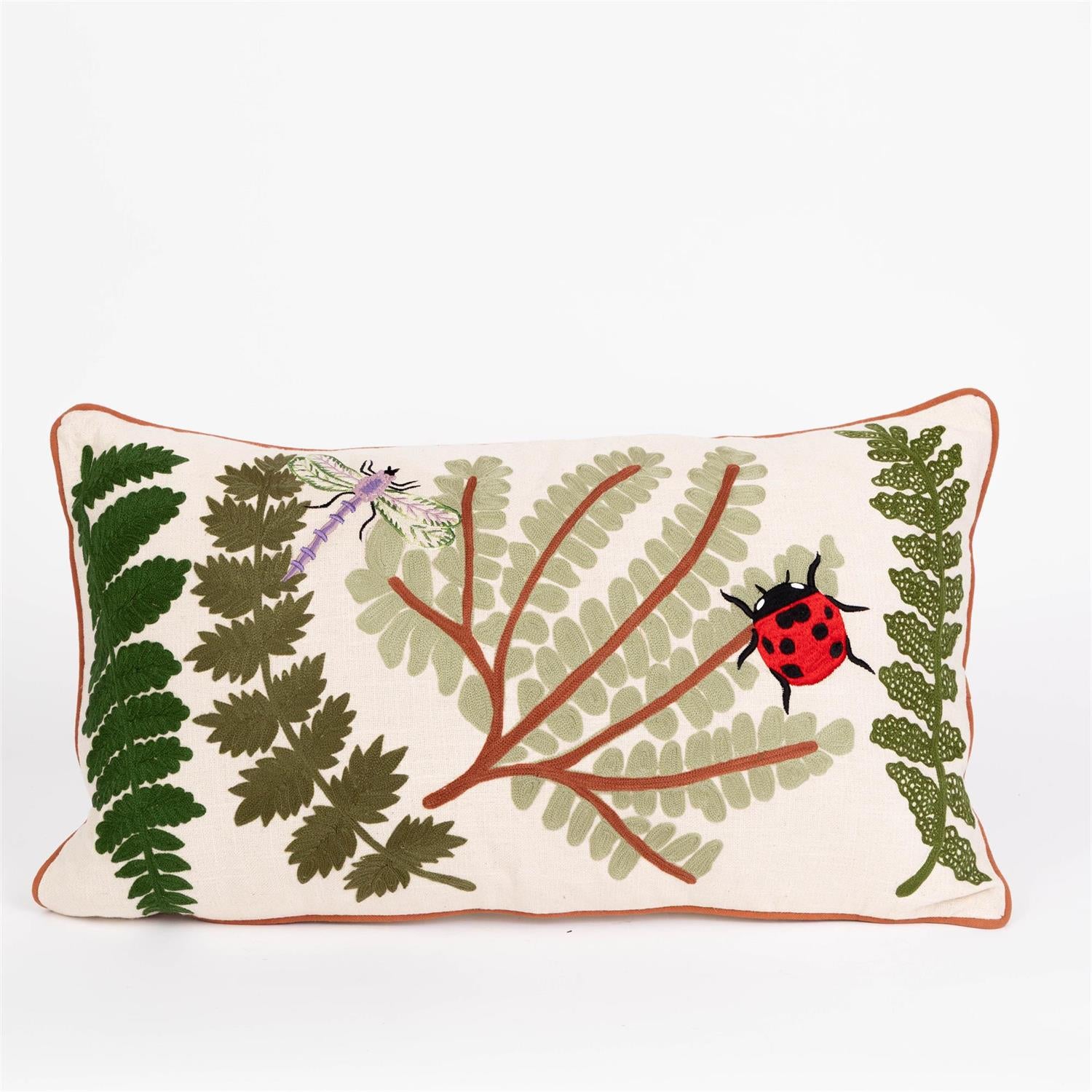 Lumbar Pillow - Embroidered Ferns and Bugs