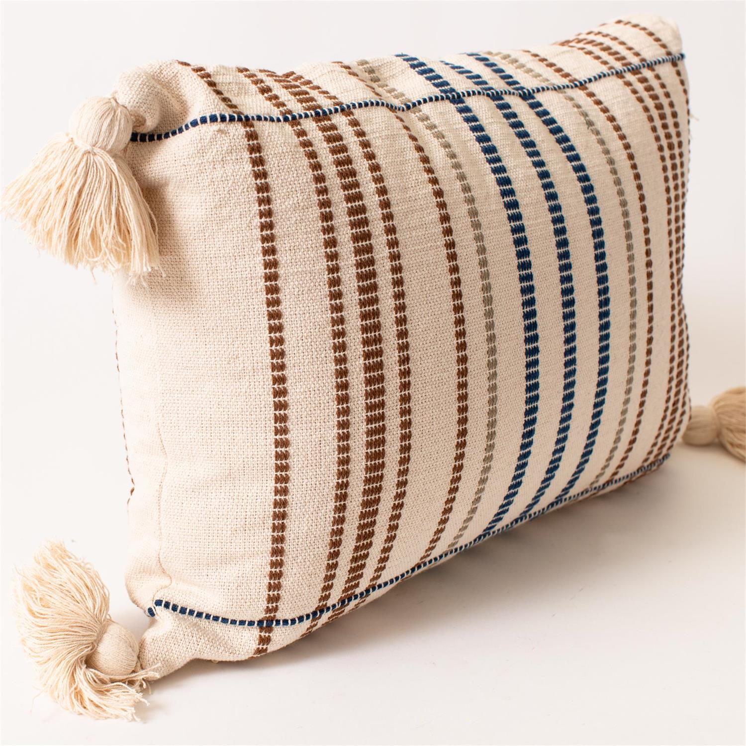 Lumbar Pillow - Blue Striped, With Tassels