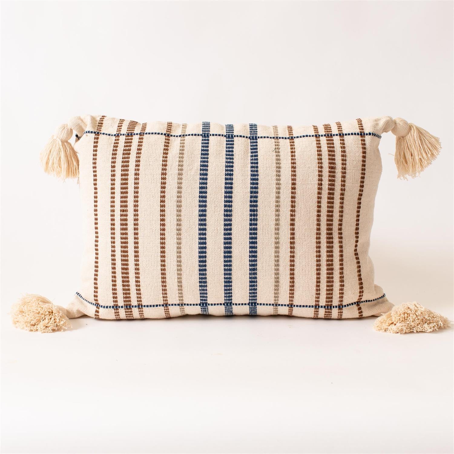 Lumbar Pillow - Blue Striped, With Tassels