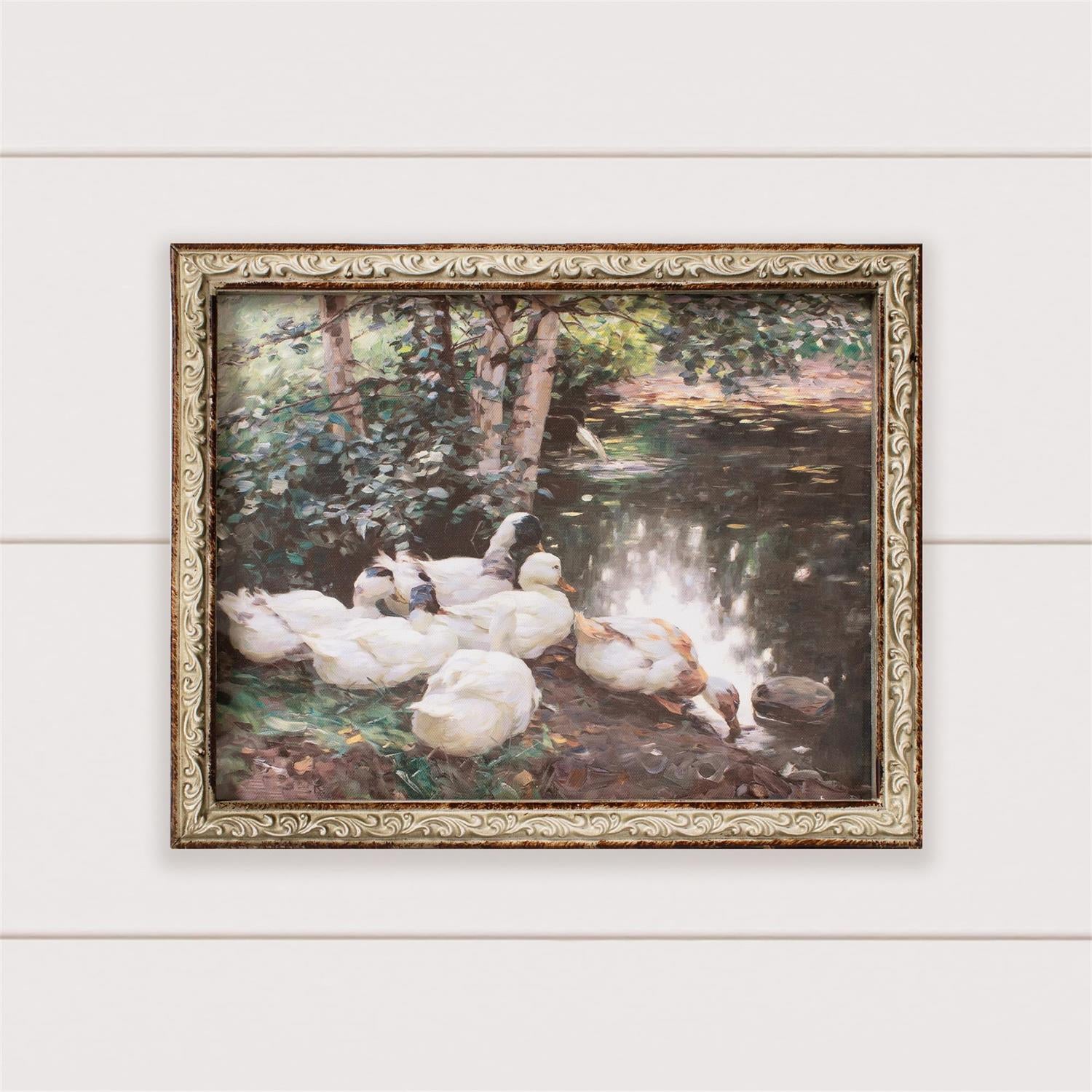 Framed Print - Ducks On The Shore, Antiqued Frame