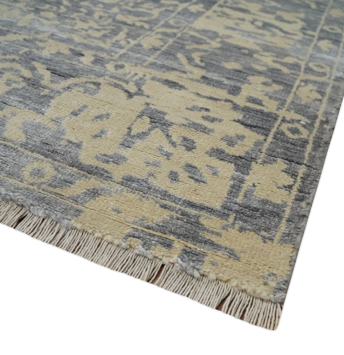 8x10 Beige, Charcoal and Silver Traditional Medallion Hand Knotted Wool and Bamboo Silk Area Rug