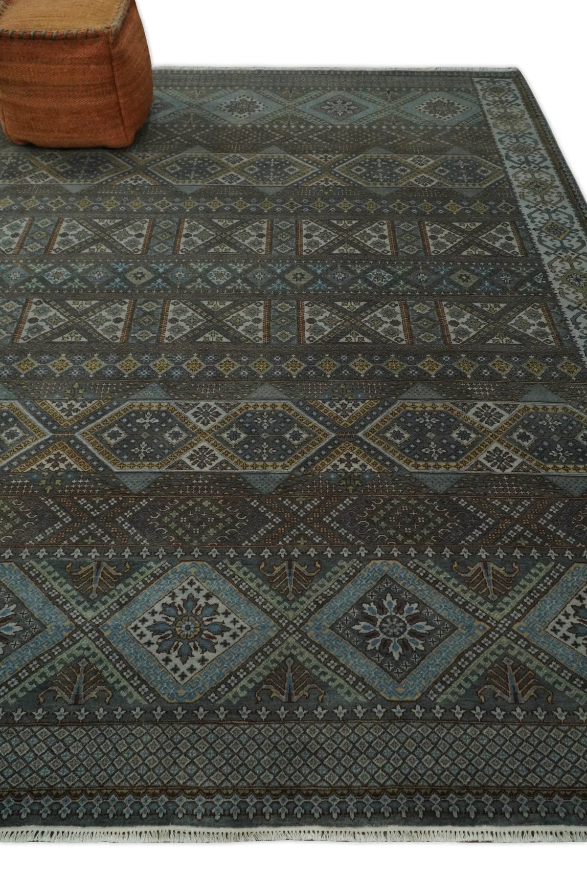 8x10 Fine Hand Knotted Brown and Blue Southwestern Traditional Antique Area Rug