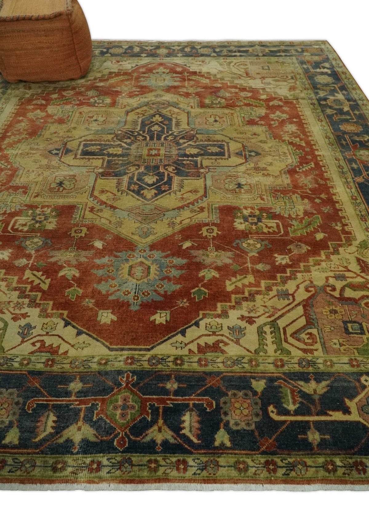 8x10 Gold, Rust and Charcoal Heriz Serapi Traditional Vintage Turkish Style Antique Look Hand Knotted Wool Area Rug | N361810