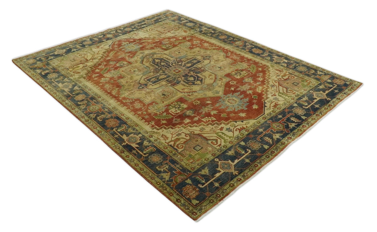 8x10 Gold, Rust and Charcoal Heriz Serapi Traditional Vintage Turkish Style Antique Look Hand Knotted Wool Area Rug | N361810