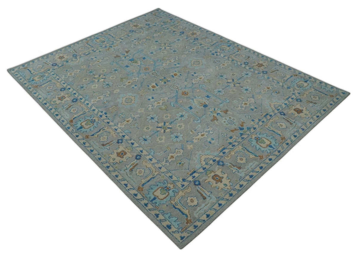 8x10 Hand Tufted Gray, Beige and Accent Blue Traditional Herati Design Wool Rug