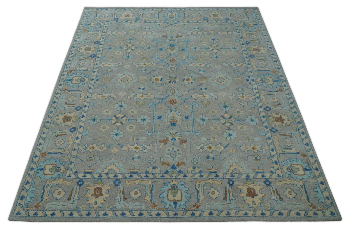 8x10 Hand Tufted Gray, Beige and Accent Blue Traditional Herati Design Wool Rug