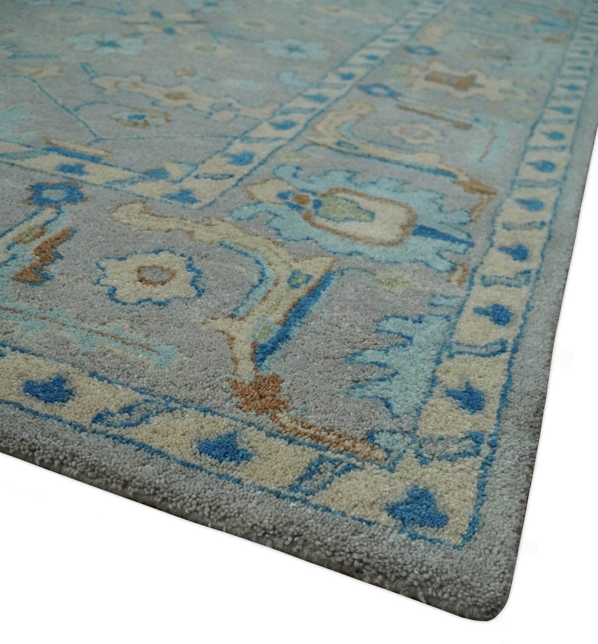 8x10 Hand Tufted Gray, Beige and Accent Blue Traditional Herati Design Wool Rug