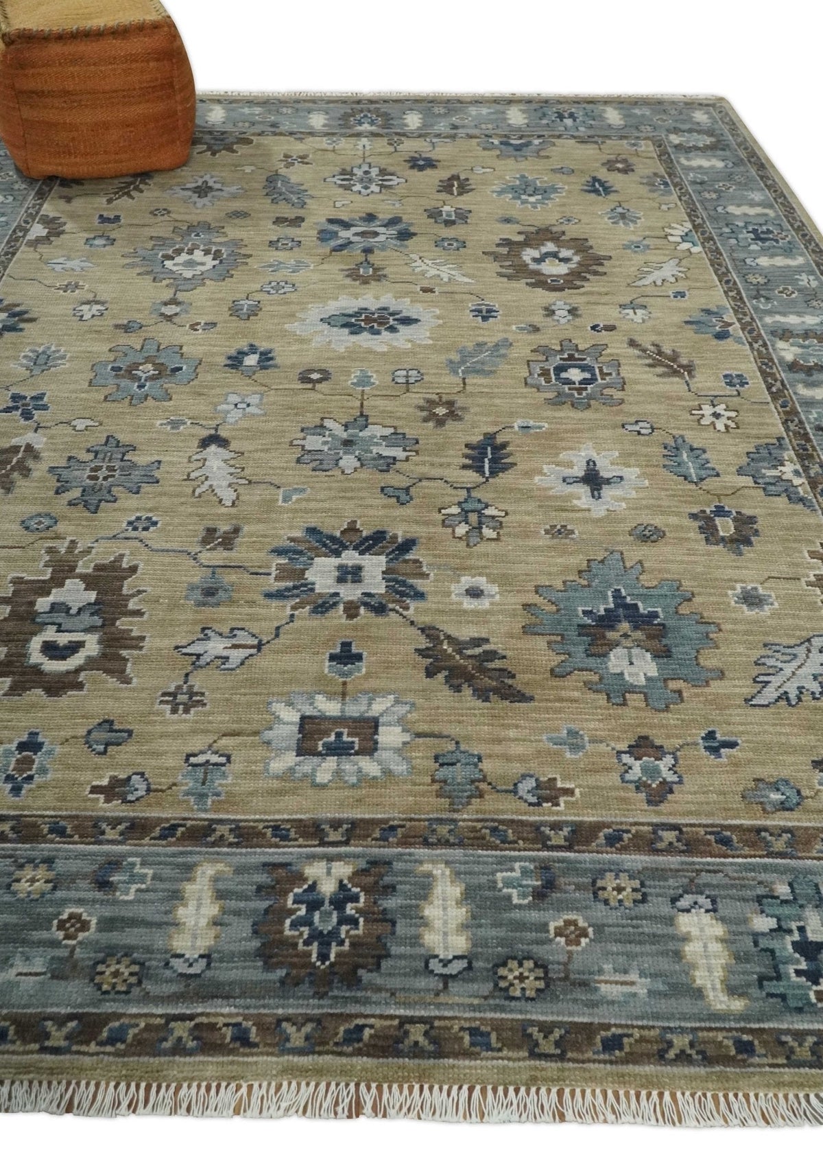 8x10 Traditional Beige and Gray Antique Style Floral Hand knotted Wool Area Rug