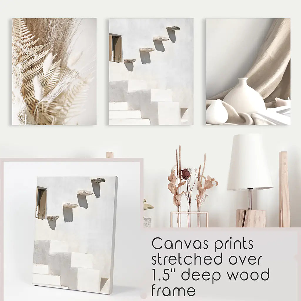 3 Pieces Neutral Boho Wall Art. Terracotta Vase and Stairs