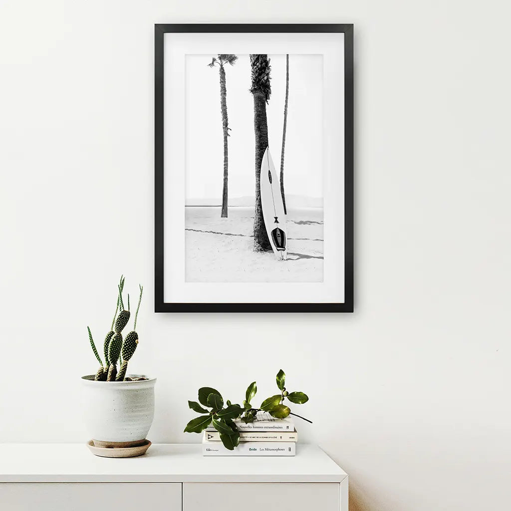 Black White Boho Summer Poster. Surfboard, Palm Trees