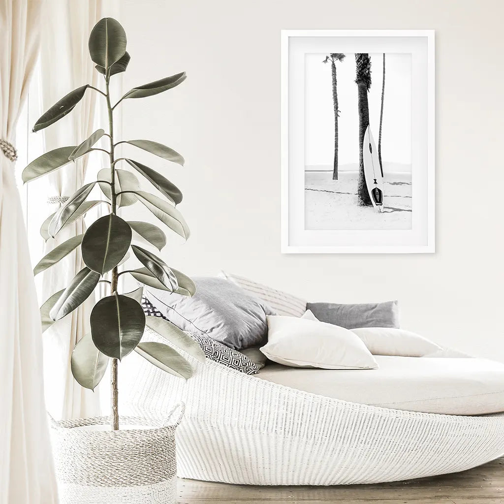 Black White Boho Summer Poster. Surfboard, Palm Trees