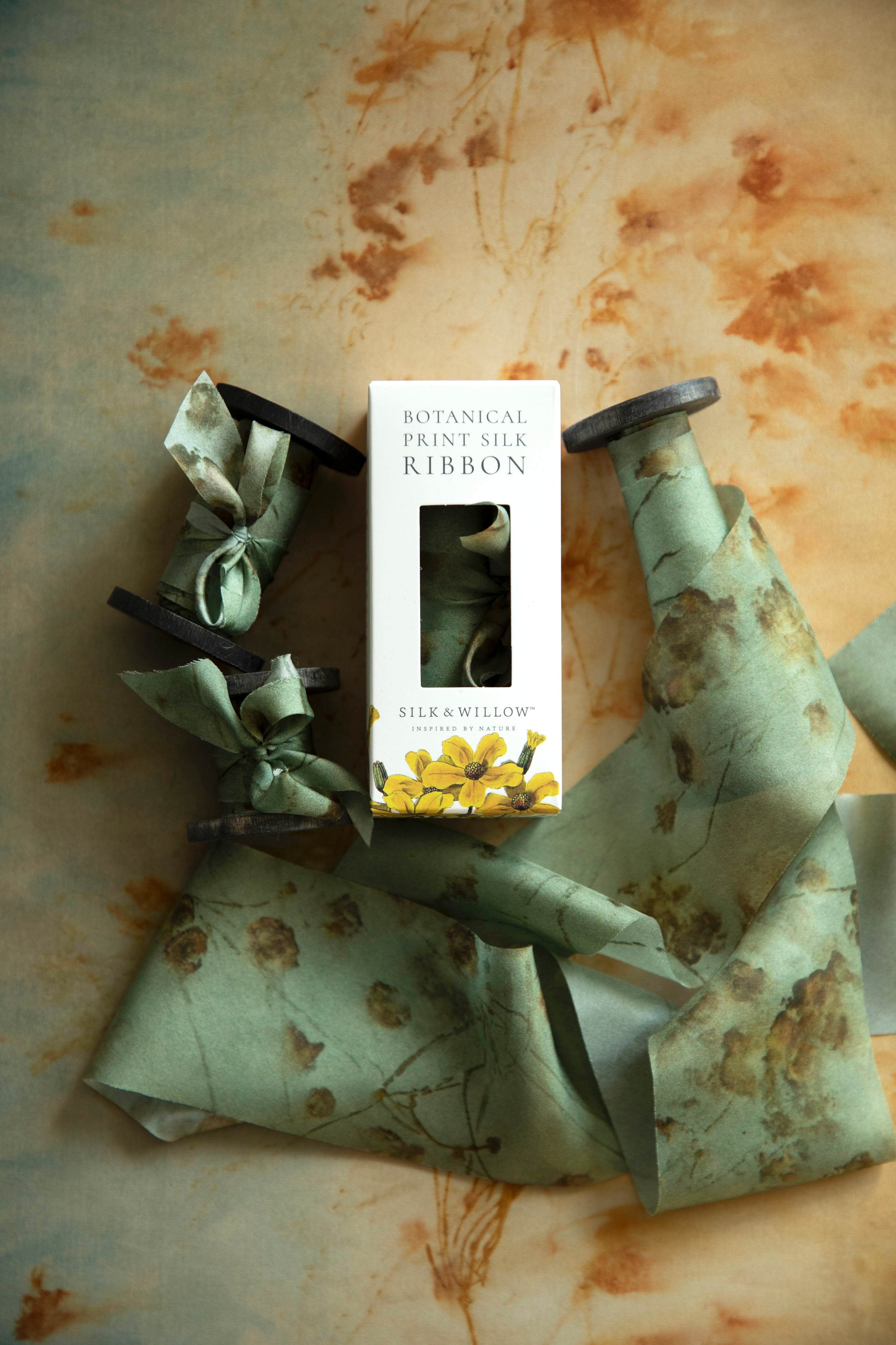 Coreopsis Sage Botanical Print Silk ribbon