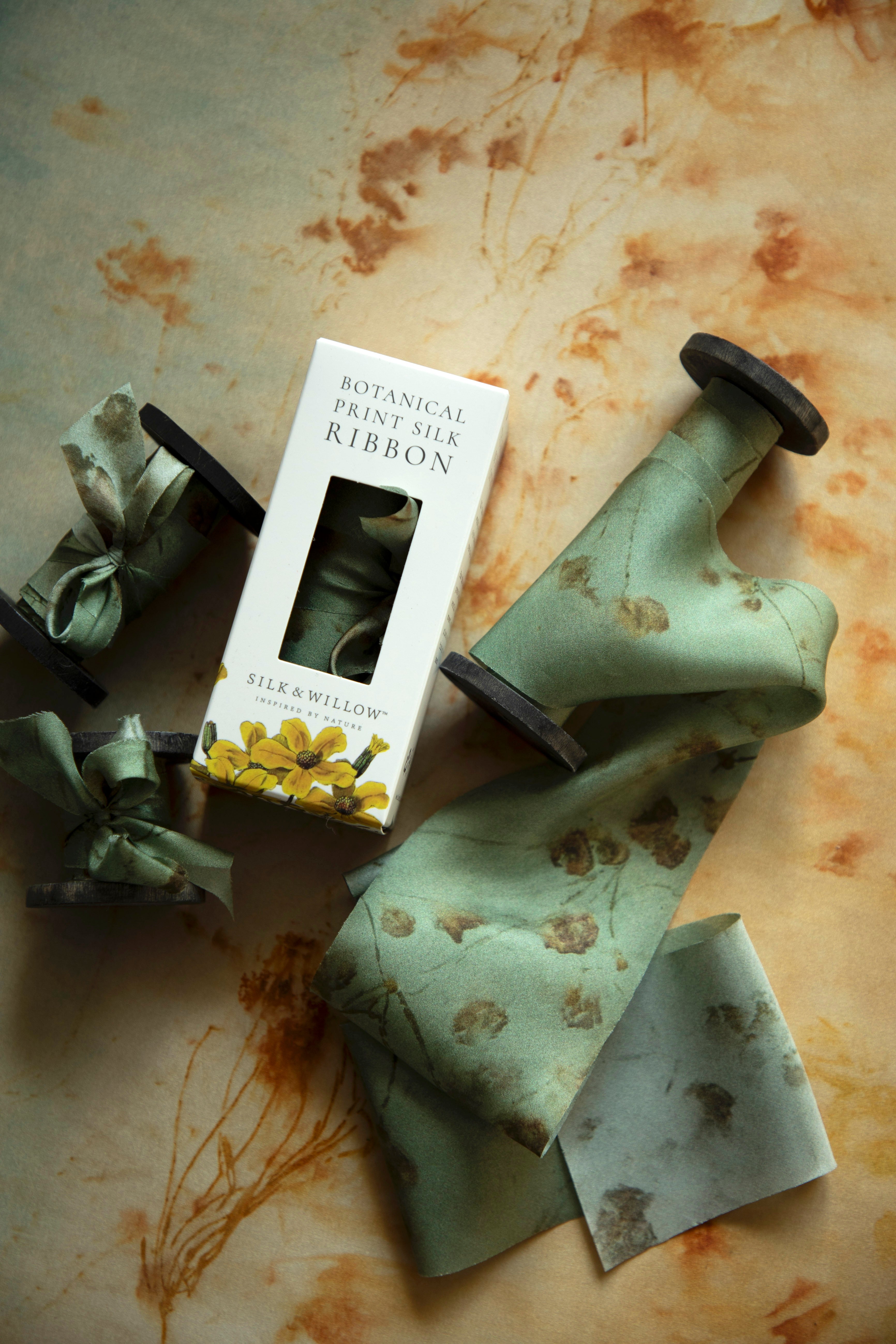 Coreopsis Sage Botanical Print Silk ribbon