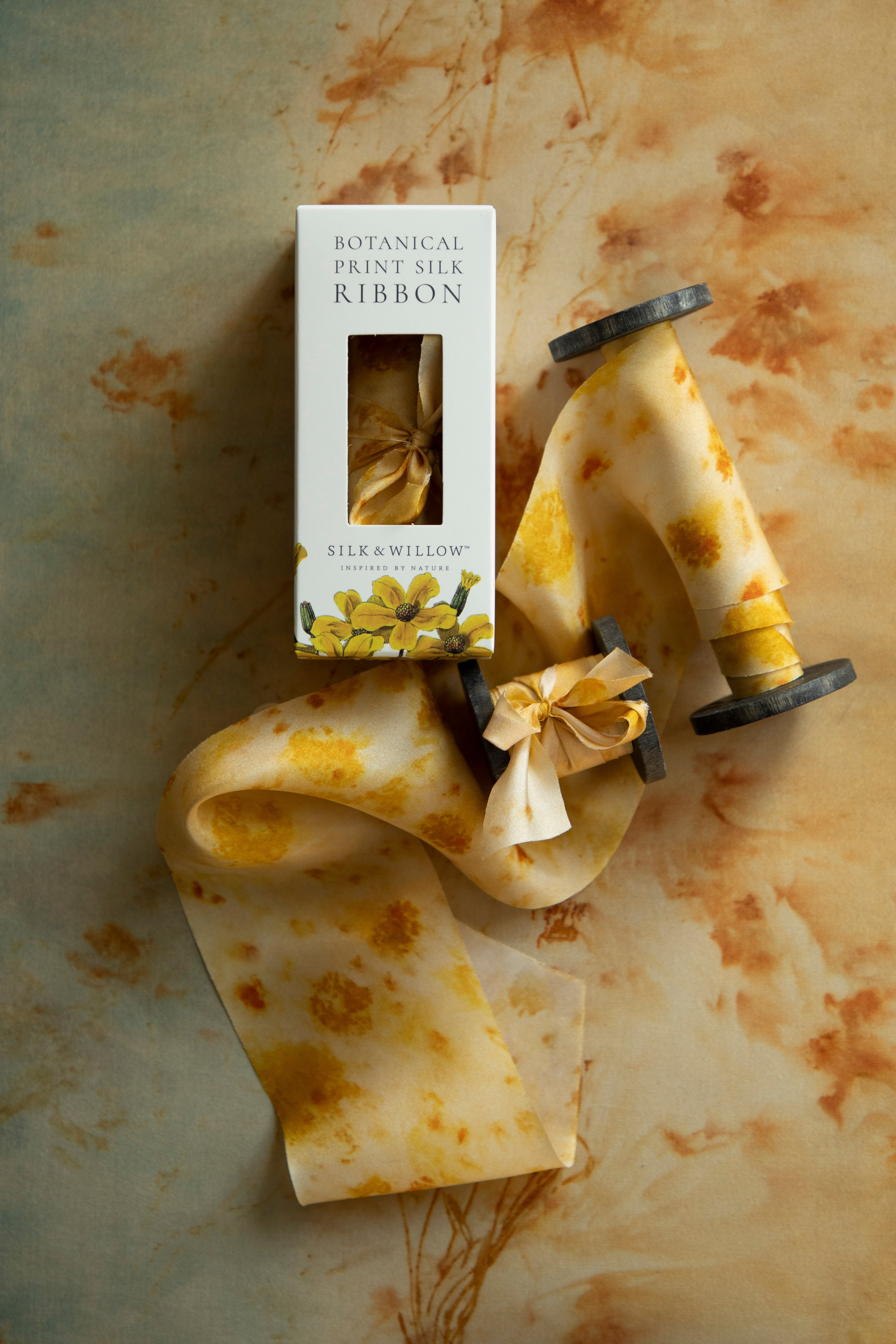 Marigold Yellow Botanical Print Silk Ribbon