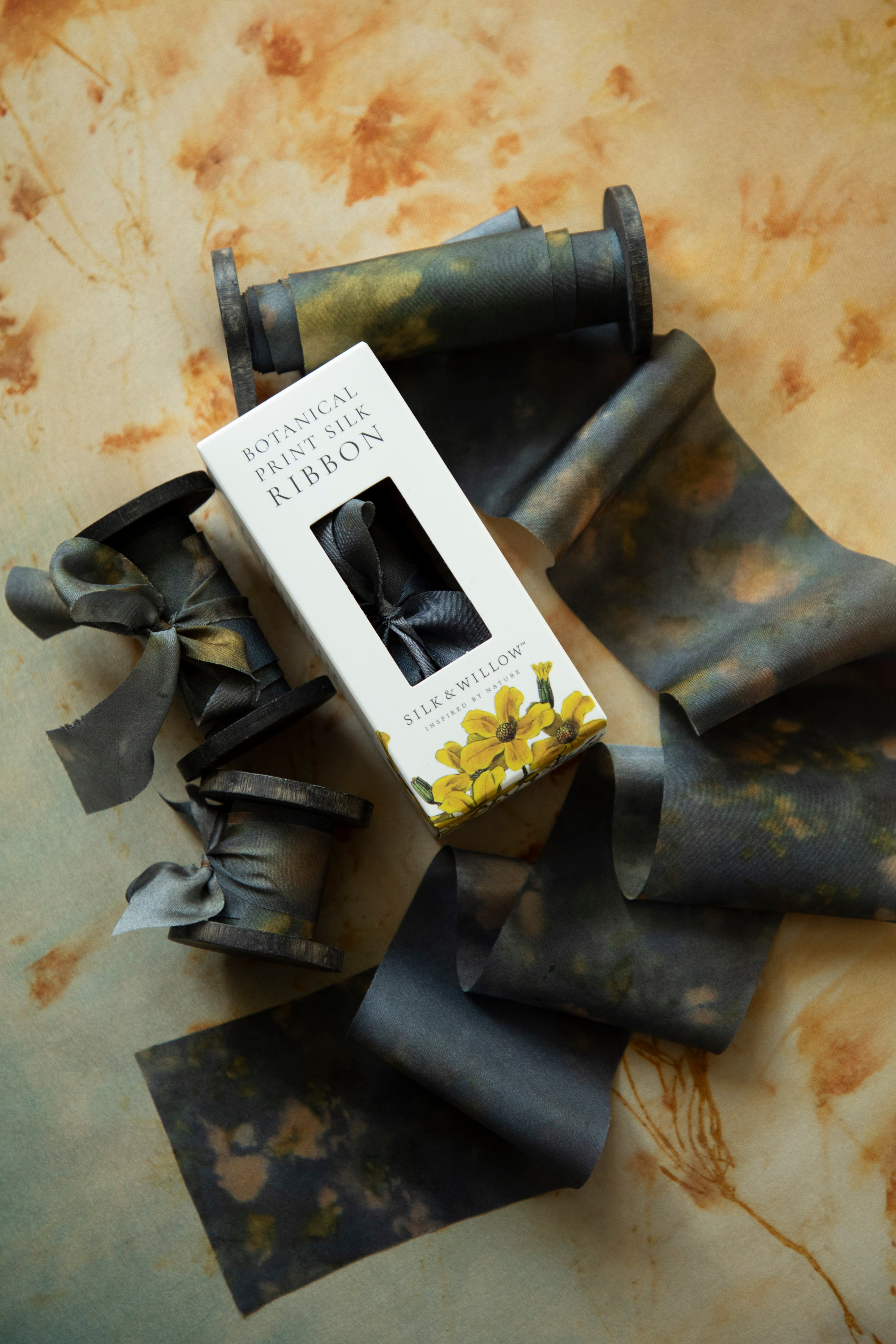 Midnight Botanical Print Silk ribbon