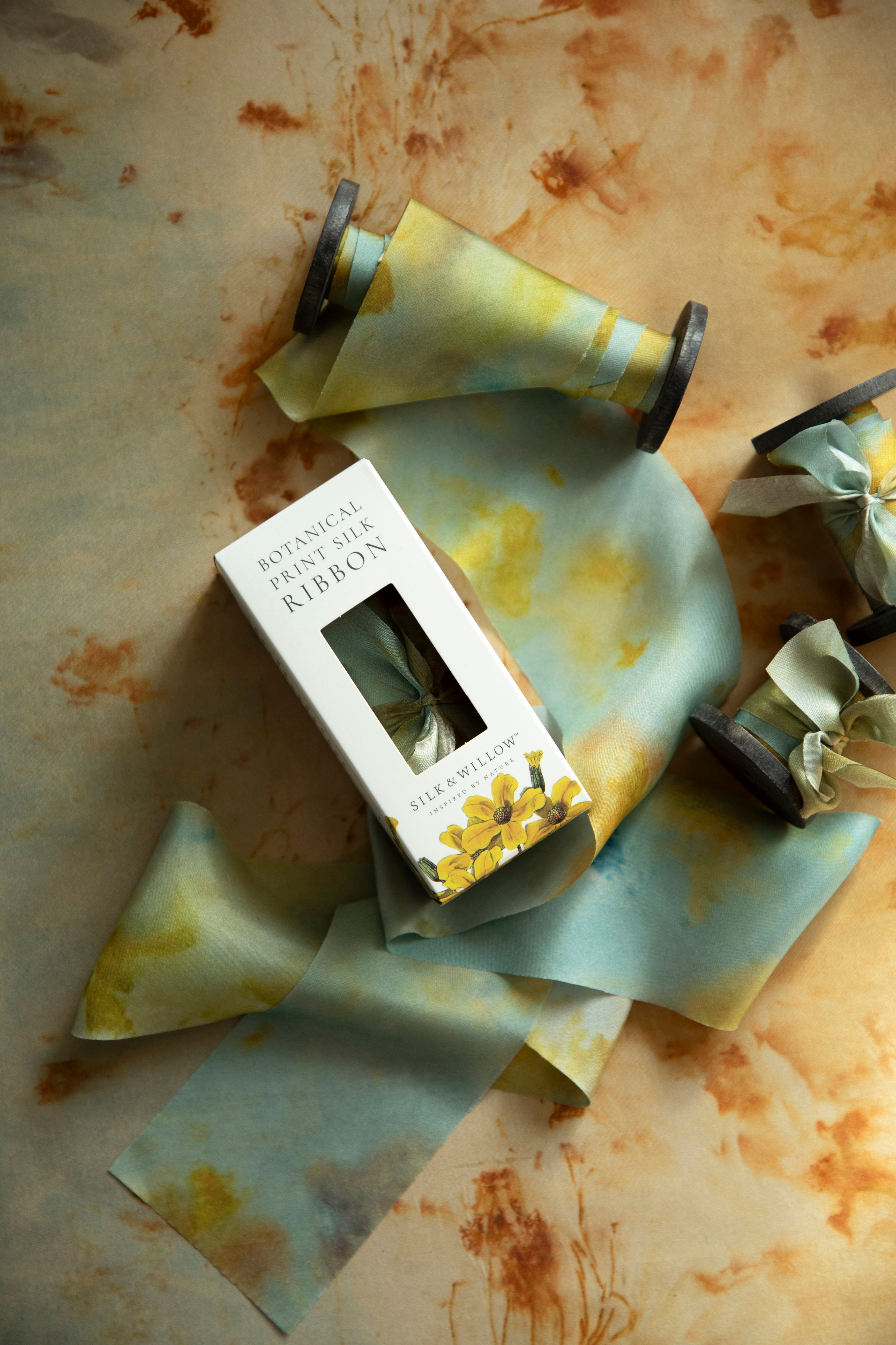 Teal Marigold Botanical Print Silk ribbon