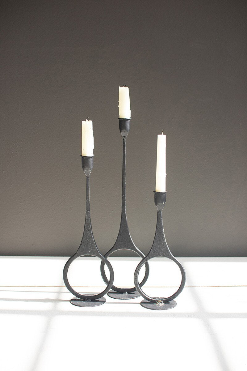 Set of 3 Cast Iron Taper Candle Holders with Ring Detail