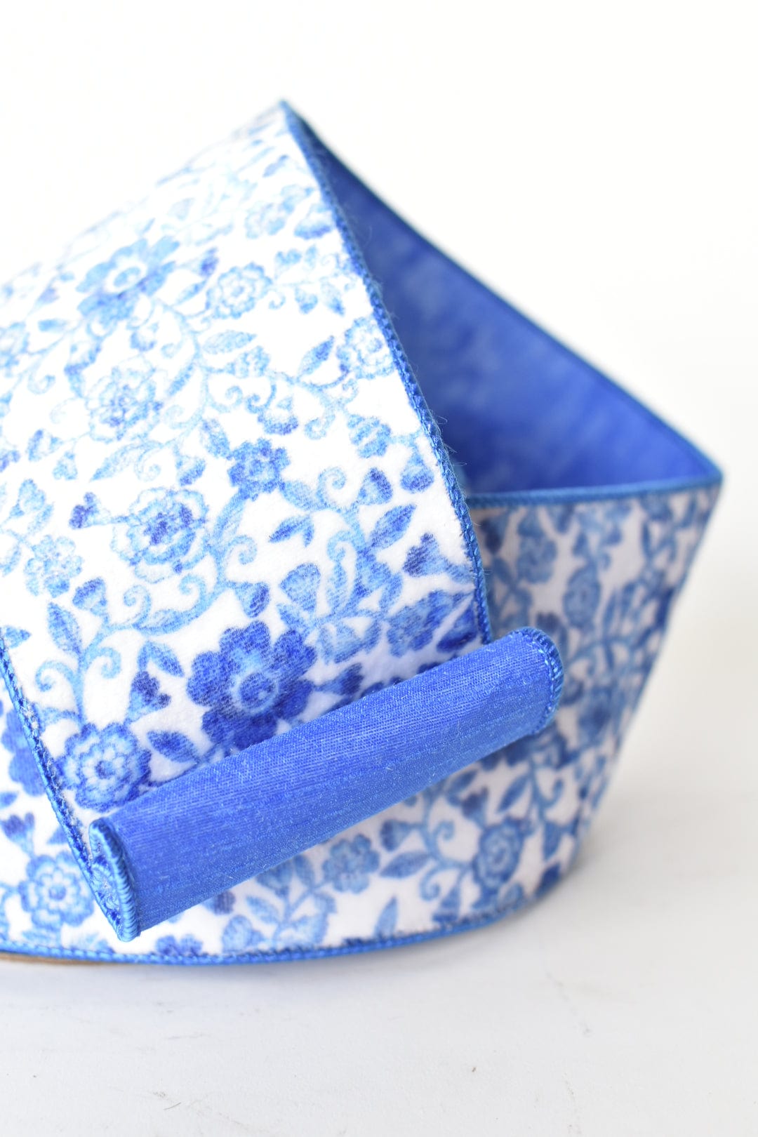 4" x 10yd Blue + White Faux Velvet Floral Ribbon
