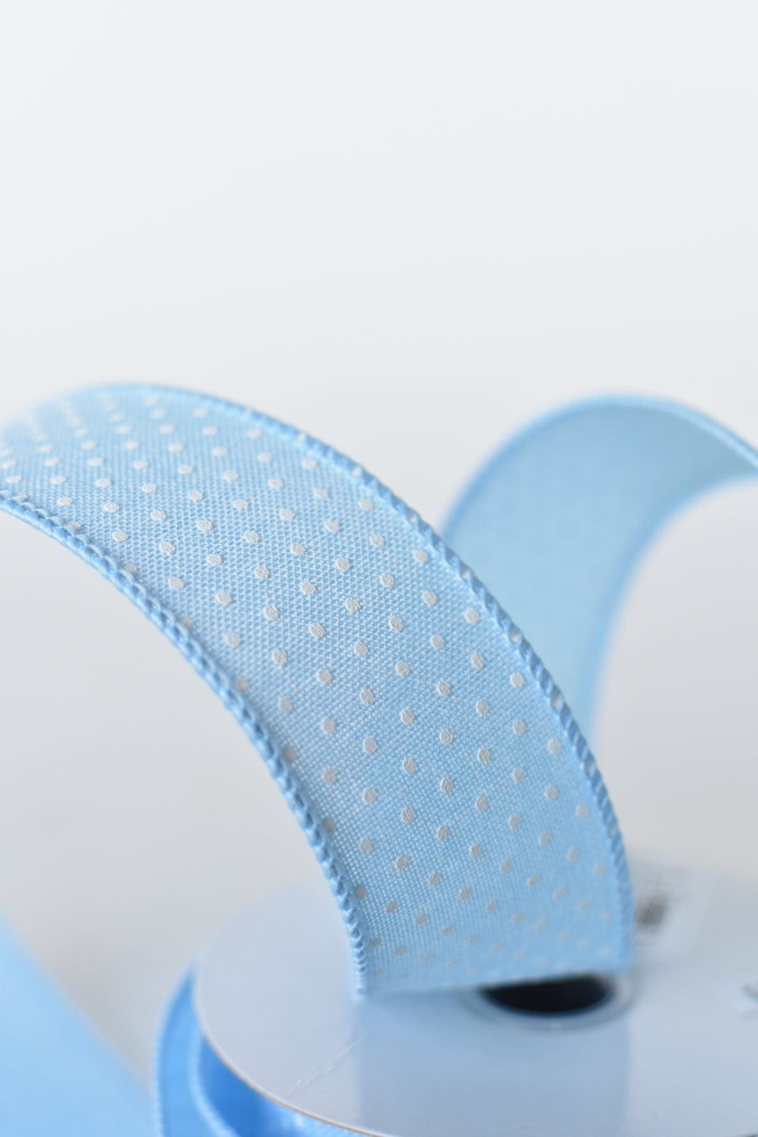 1 1/2" x 10yd Light Blue Faux Linen with Swiss Dots Wired Ribbon