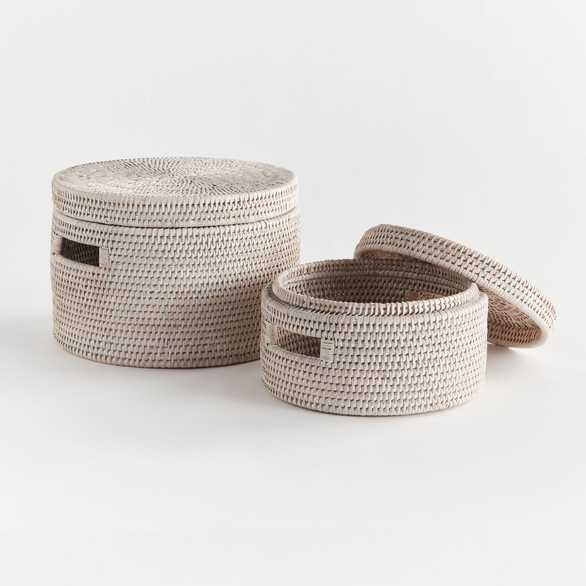 Burma Rattan Round Lidded Boxes, Set of 2- Graywash