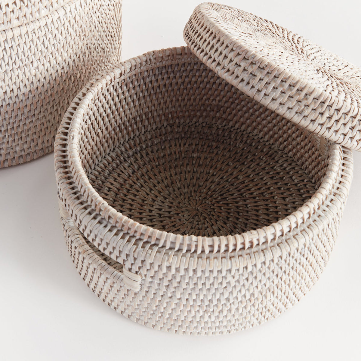 Burma Rattan Round Lidded Boxes, Set of 2- Graywash