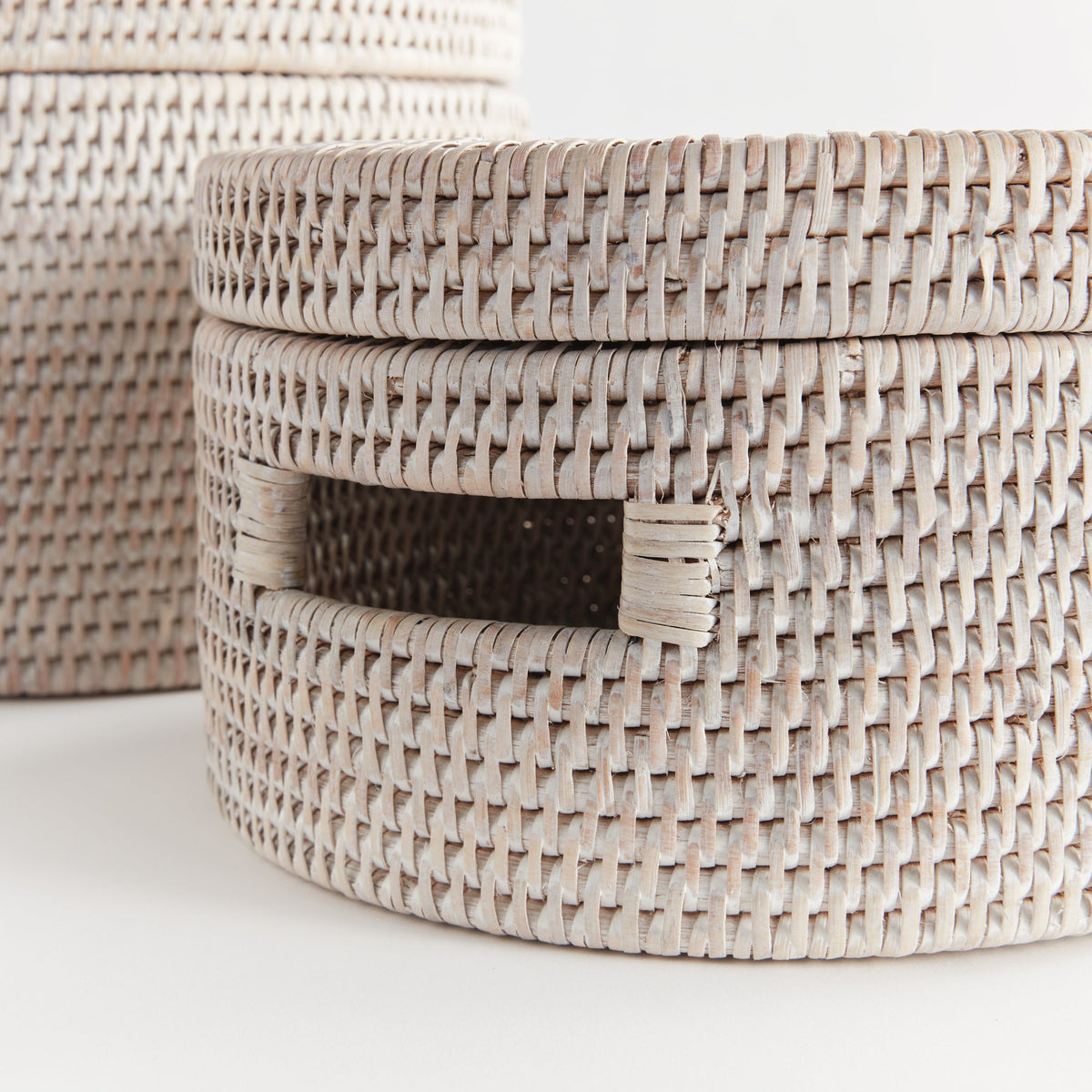 Burma Rattan Round Lidded Boxes, Set of 2- Graywash